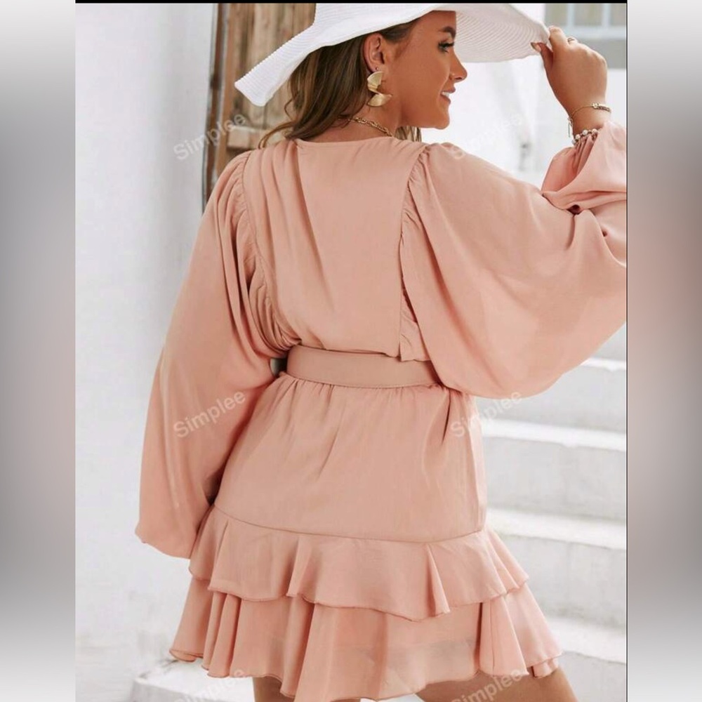 Plus Swiss Dot Lantern Sleeve Ruffle Trim Dress With Belt - Picture 3 of 3